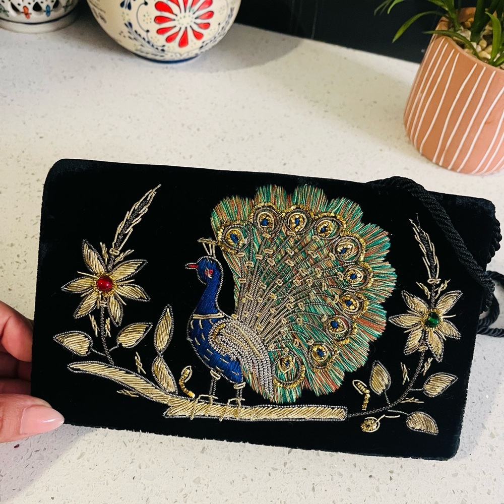 Vintage Velvet Clutch W Embroidered Peacock